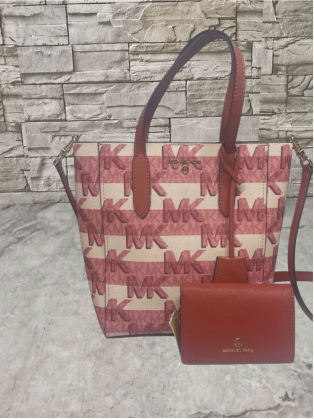 Michael Kors Sinclair Logo Shopper Tote & Matching Wallet Cinnamon Pink Cream - Picture 3 of 13